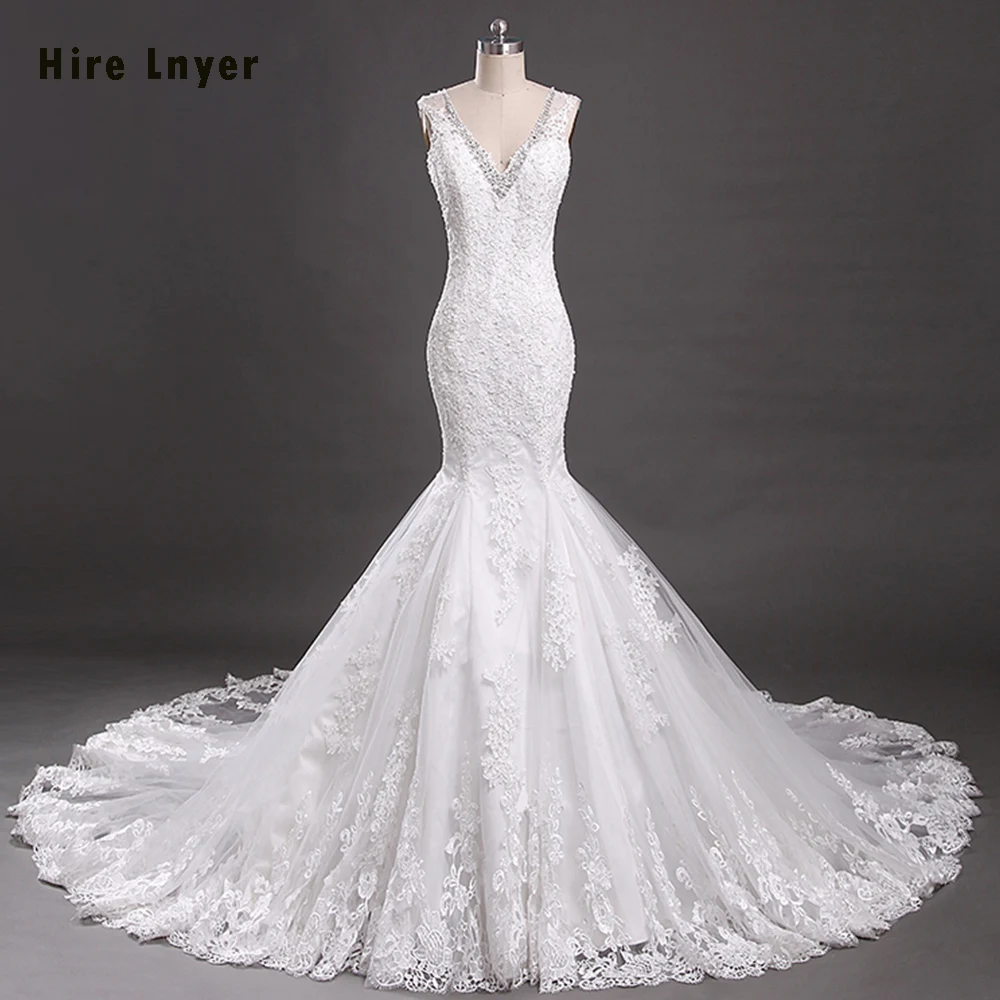 

Najowpjg 2019 Custom Made Vestido Branco Shiny Beading Sequined V-neck See Through Button Up Back Bride Mermaid Wedding Dresses