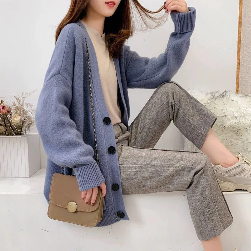 PEONFLY Midi Long Sweater Cardigan For Women Autumn Winter Pocket Long Sleeve Cardigan Female Knitted Jacket Women Red Blue