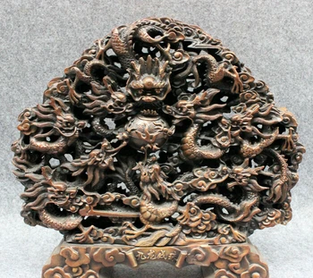 

USPS to USA S1655 14" Chinese Pure Bronze Royal Palace 9 Fly Dragon Play Ball Cloud Statue Screen
