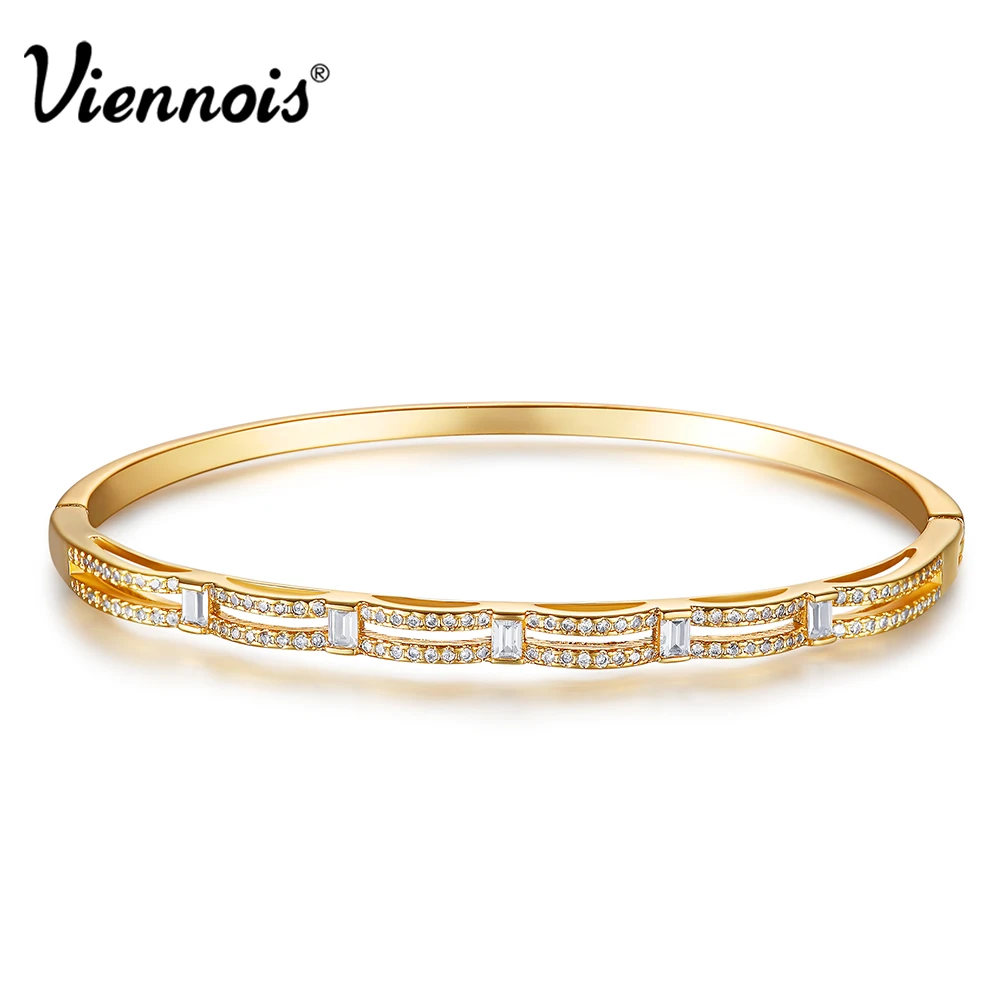 

Viennois New Silver/Gold Color Copper Bangles for Woman Full Zircon Paved Female Waved Bracelet & Bangles
