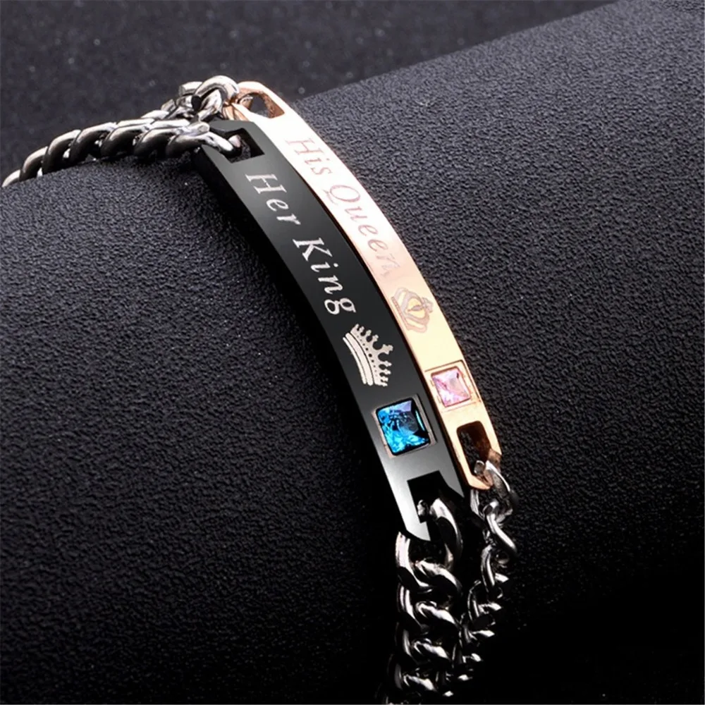 

Her King His Queen Lovers Bracelet Stainless Steel Crystal Crown Charm Bracelets Women Men Gifts for Couples Fashion Link Chain