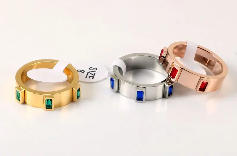 Модный кубический цирконий, кольцо для женщин, мужчин, для свадебной вечеринки, классический, красный, зеленый, синий, кристалл, нержавеющая сталь, кольцо для пальцев, очаровательные ювелирные изделия