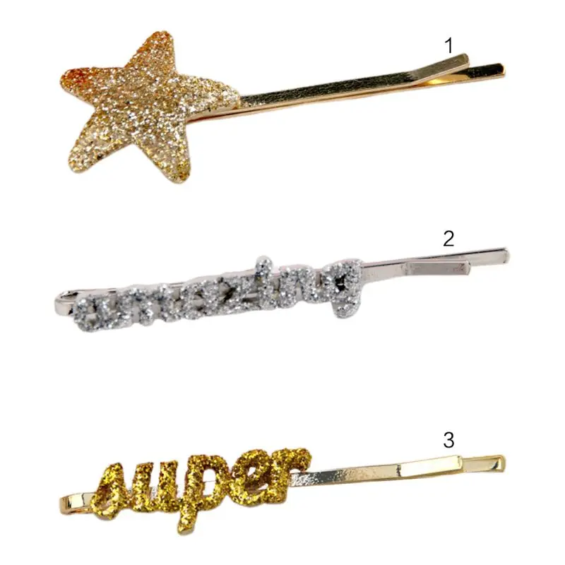 

Minimalist Side Bangs One Word Hairpin Women Girls Glitter Powder Pentagram Star Letter Hair Clip Metallic Night Party Barrette