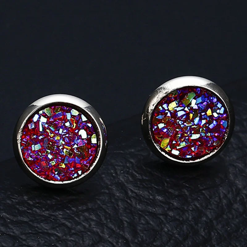 

Simple Round Colorful Full Rhinestone Earrings Rough Druzy Drusy Stone Bead Charm Silver Color Metal Stud Earrings For Women