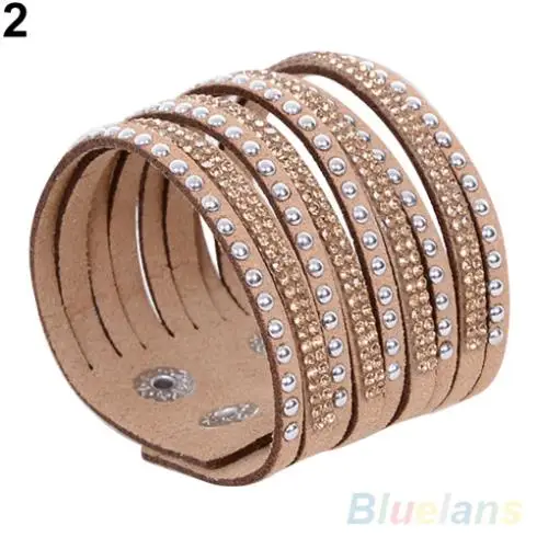 

Women's Multilayer Rivet Rhinestone Suede Cuff Bangle Wristband Bracelet 2IYZ