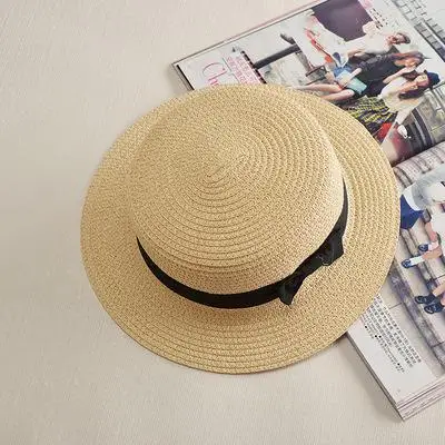 COKK Panama Hat Simple Summer Beach Hat Female Casual Lady Women Flat Brim Bowknot Straw Cap Girls Sun Hat Chapeu Feminino beige 1