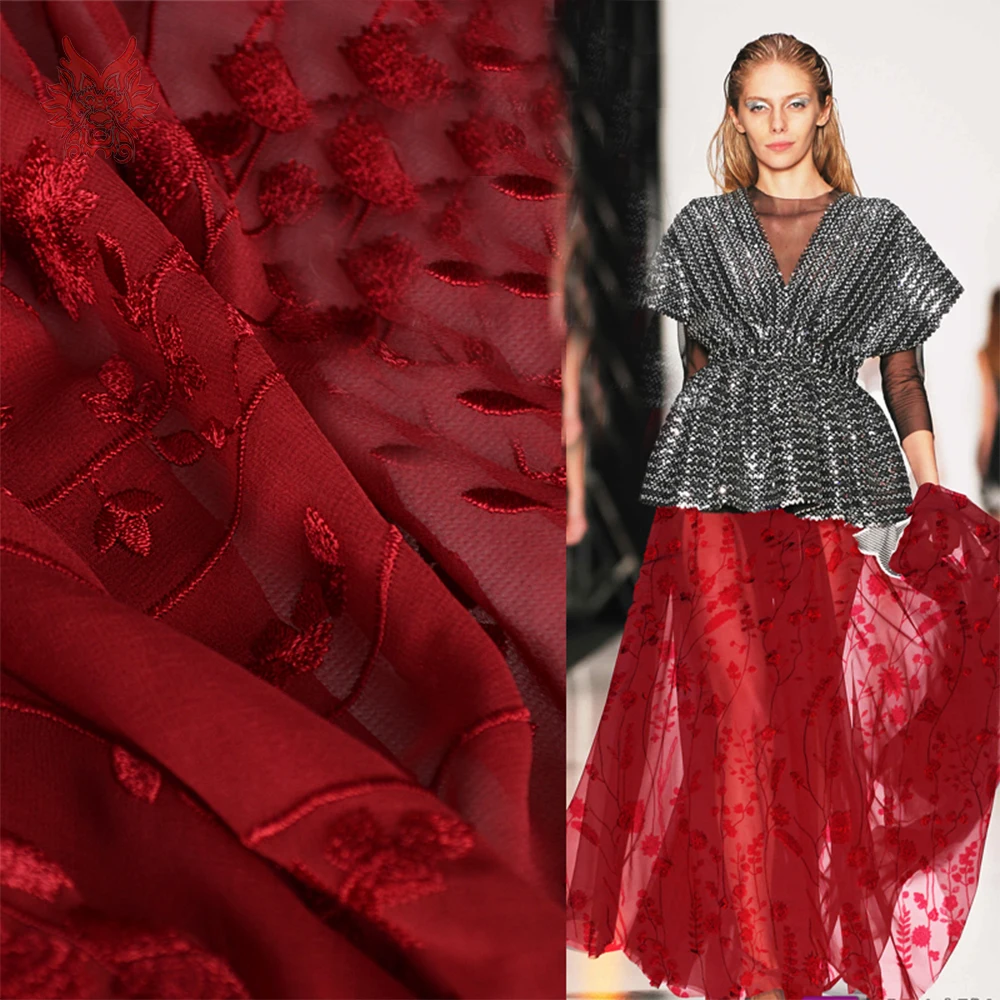 Роскошная красная Цветочная вышивка, хлопок, шелк, ткань для летнего платья, жоржет, шелк tissu tecidos stoffens tela 8 мм SP5219