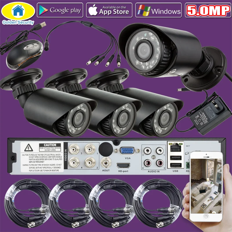 

4CH 5.0MP DVR Recorder Outdoor Camera Security System Kit 4pcs 5.0MP IR Weatherproof CCTV Cameras 4 Channel DVR Kit CCTV Cable