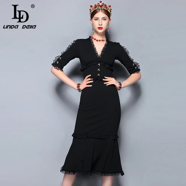 LD LINDA DELLA 2021 Fashion Runway Summer Dress Women's V-Neck Vintage Black Lace Patchwork Bodycon Sexy Mermaid Party Dress 1