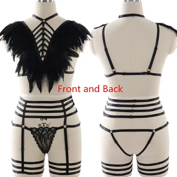 

Fashion Feather Angel Wings Epaulettes Bondage Cage Bra Shoulder BurningMan Festival Goth Body Harness Dance Lingerie Set Rave
