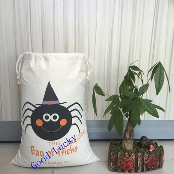 

Free shipping 10pcs/lot Halloween gift candy bags kids & adults spider pumpkin Treat or Tricky cotton canvas drawstring bags