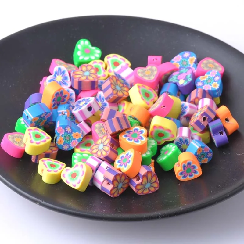 

10mm 100pcs Mixed Pattern Flat Heart Clay Spacer beads For jewelry making YKL0053