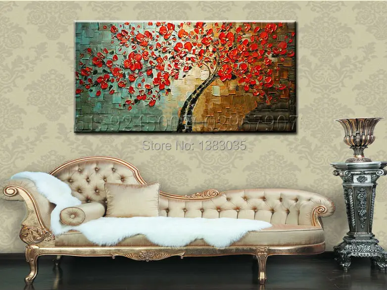 Hand Painted Textured Palette Knife Tree Red Flower Oil 