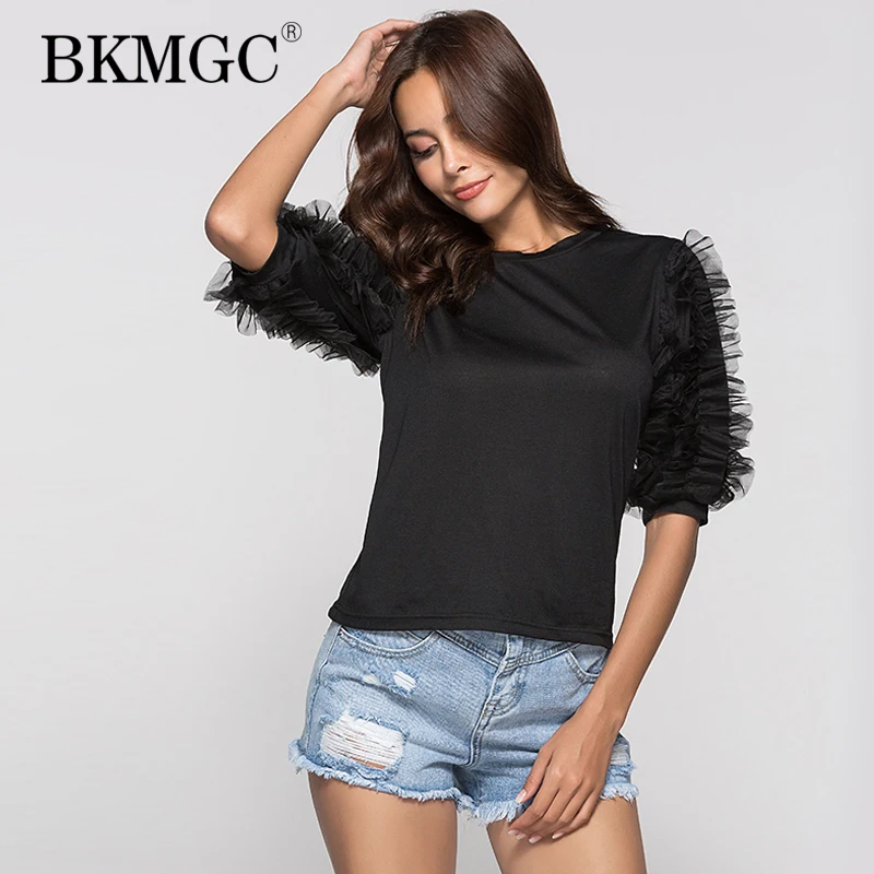 BKMGC 2019 новые женские черные короткие рубашки с круглым вырезом летний модный