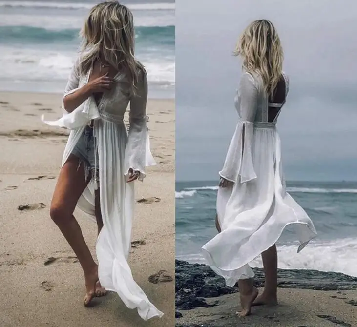 Длинный вязаный крючком пляжный накидка парео de Plage купальник накидка пляжная одежда парео де Плайя Mujer бикини накидка - Цвет: white2