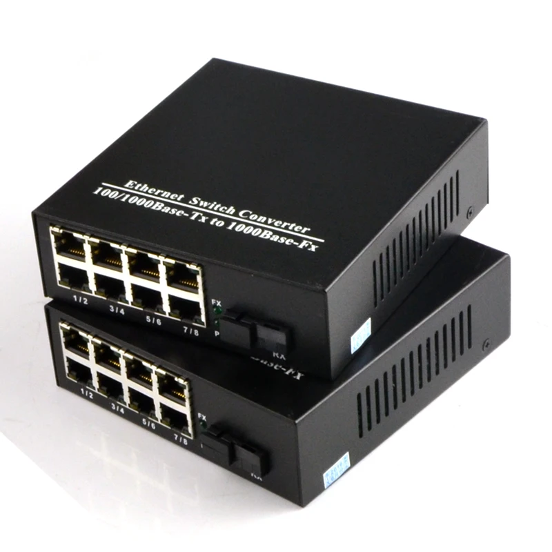 Медиаконвертер оптоволоконный Ethernet 1 пара 10/100 Мбит/с Gigabite одномодовый с 8 RJ45 UTP и SC