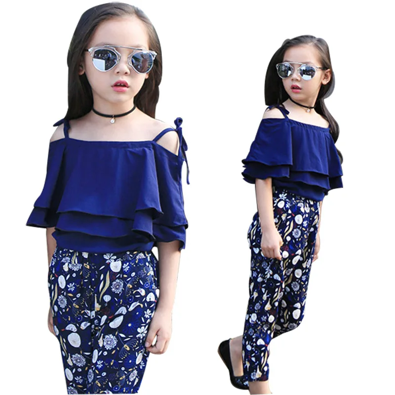 

Teenage Girls Clothing Set Summer Children's Clothing Off Shoulder Ruffle Top and Floral Trousers 2Piece Kids Clothes 3-14 Years