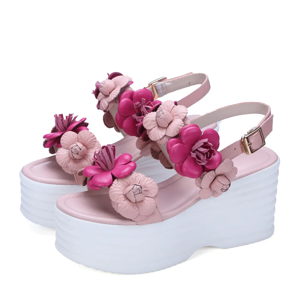 Bianchi Della Delle Dolci Estate Rosa Genuino Rosa I bianco Pattini Di Sandali Colore Piattaforma Scarpe Fibbia Fiori Asumer Modo Donna La Signore Incunea Per Cuoio 0nEv06F