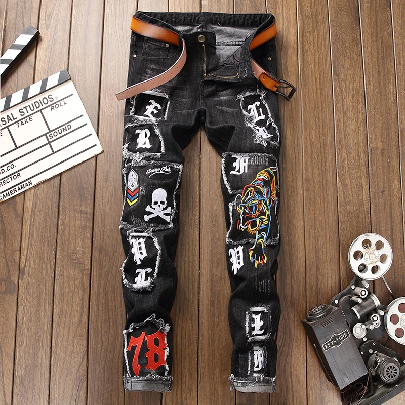 2018 Punk Style Mens Tiger Skull Embroidery Badge Jeans Distressed