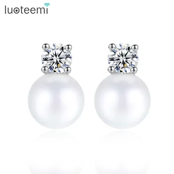

LUOTEEMI New Simple Stud Earrings Single Imitation Pearl with Round CZ Brincoa for Women Girl Trendy Birthday Christmas Gift