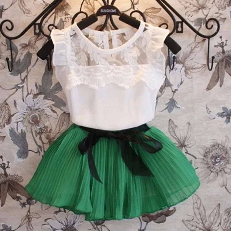 Детский комплект одежды для девочек, летняя кружевная рубашка с принтом+ шорты, костюм принцессы из 2 предметов, комплекты летней одежды для девочек 4, 6, 8, 10, 11 лет - Цвет: Зеленый