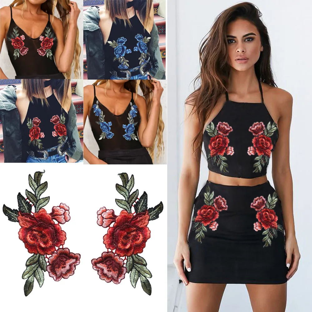 

2PC Flower Patches Big Stickers Embroidery 3D Red Rose DIY Embroidered Roses Floral Collar Sew Patch Sticker Applique Badge