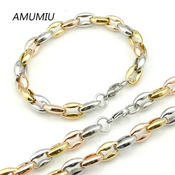 

AMUMIU Fashion 3 Color Link Chain Necklace Beads Jewelry Set Mens Beans Bracelet Sets HZTZ070