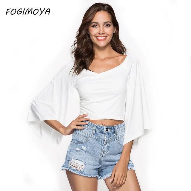 FOGIMOYA футболка Для женщин 2018 летние пикантные однотонные V шеи короткий топ Для женщин Твердые Flare рукавом дырявый пупка белая футболка новый