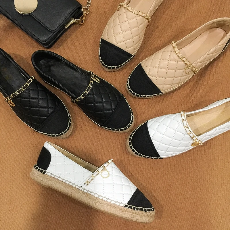 

Chain Women Espadrilles Shoes Flat Genuine Leather Shoes Woman Casual Loafers High Quality Spring Autumn Big Size 34-42