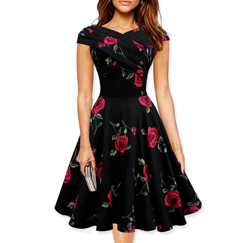 Women Vintage Floral Dress New Design Rose Flower Print Black Slash