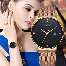 LIGE для женщин Мода розовое золото черный кварцевые часы леди повседневное водонепроницаемый простые женские часы для женщин s наручные часы Relogio Feminino