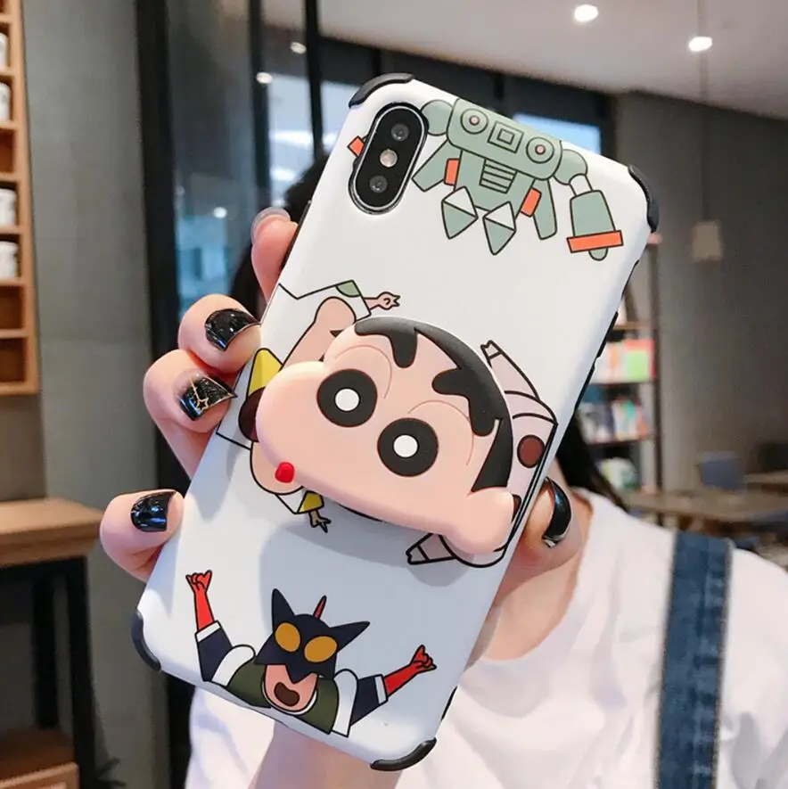 Для iphone 11 Pro Max Забавный мультяшный складной кронштейн Crayon Shinchan модный противоударный чехол для мобильного телефона iphone 6 6s 7 7plus 8 8plus X XR XS максимальный чехол - Цвет: Белый