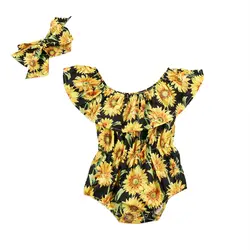 Комплект из 2 предметов, Одежда для новорожденных и маленьких девочек, желтого цвета с цветочным принтом с короткими рукава с оборками;