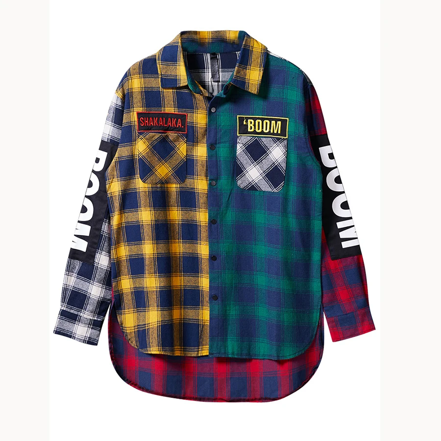 

Patchwork Plaid Shirt Men Long Sleeve Cotton Casual Shirt Korean Fashion Japanese Streetwear Red Shirts Men Clothes 2018 50na112