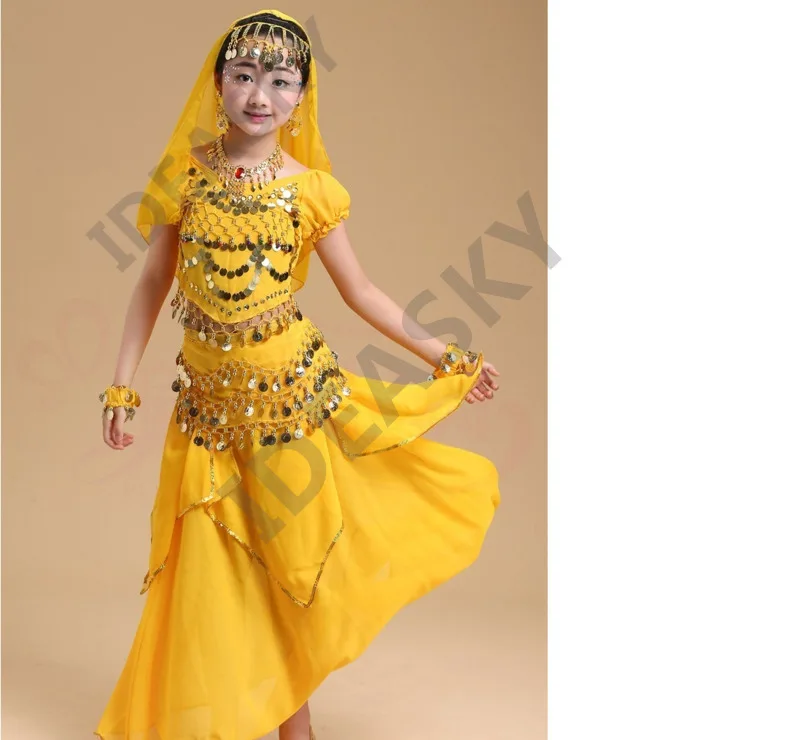 Индийский танец живота Болливуд танцевальные костюмы для детей набор профессиональных детей девочек Восточный Танец Топ юбка хип шарф