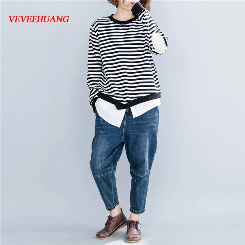 

VEVEFHUANG Spring Autumn New Loose Striped Patchwork Women Shirt Casual Fake Two-piece Female T-Shirts Tops Plus Size