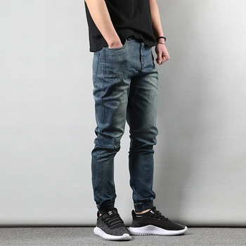 

Fashion Vintage Men Jeans Retro Blue Slim Fit Denim Cargo Pants Harem Jeans Men Slack Bottom Joggers Streetwear Hip Hop Jeans