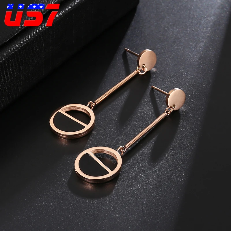 

US7 Geometry Drop Round Coin Long Stainless Steel Women Earrings Hanging Dangle Hollow Earring Womens Jewelry For Gift Wedding