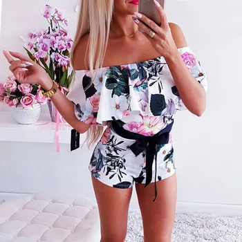 

Rompers Womens Jumpsuit Korean Style Short Slash Neck Sleeve Ruffle Hem Bandage Flower Print Floral Boho Elegant Bodysuit