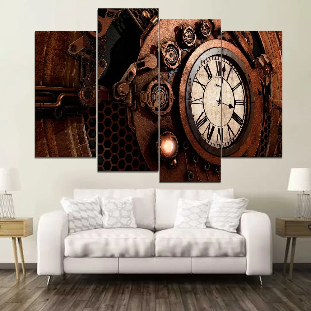

Retro Steampunk Clock Paintiing One Set 4 Piece Modular Style Picture Modern Canvas Print Type Home Decor Wall Artwork Poster