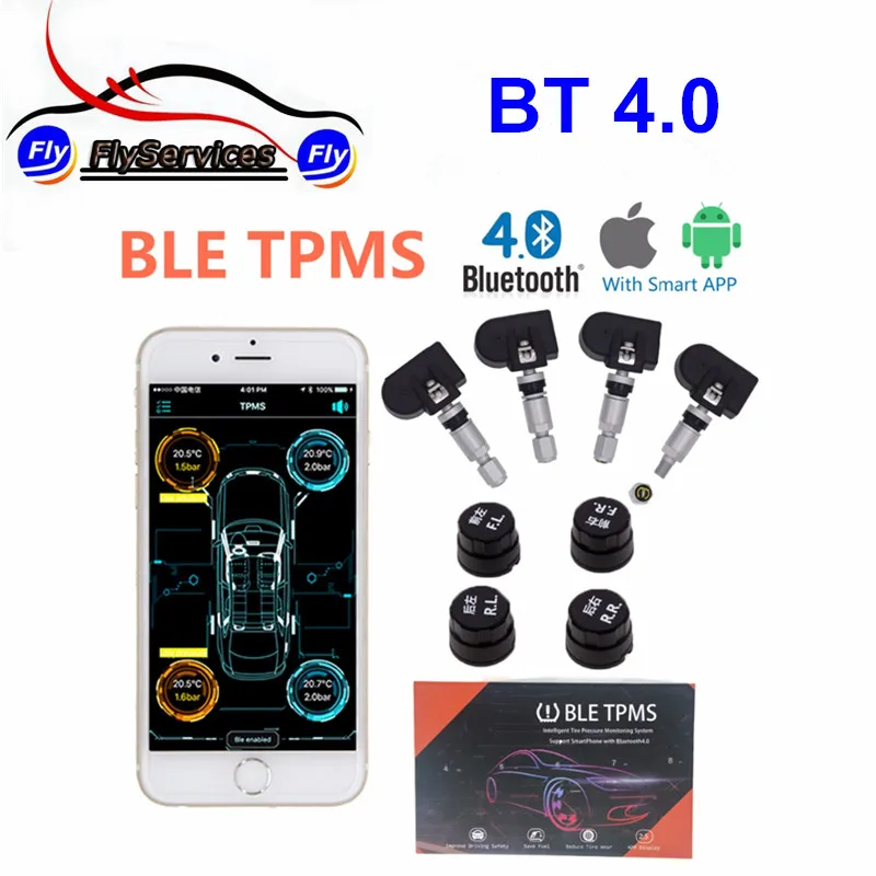 New Arrival Bluetooth 4.0 TPMS Car Tire Tyre Pressure Monitoring System for Android / IOS With 4 Sensors TPMS Alarm System tp630 tpms car smart bluetooth tpms tire pressure psi bar temperature alarm system for android for ios 4 sensors