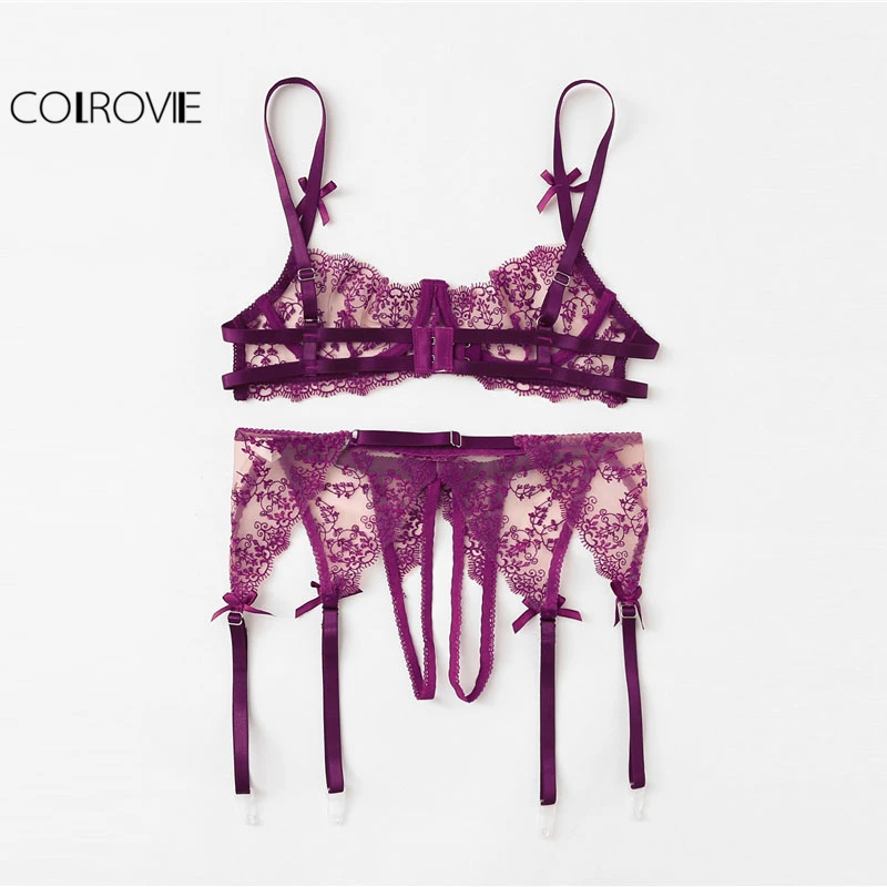 COLROVIE Purple Lace Bra And Open Crotch Thong And Garter Set Women 2019 Spring Fashion Floral Sexy Underwear Lingerie Sets