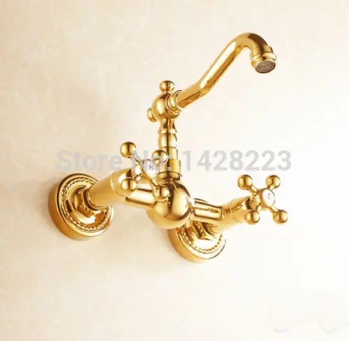 

Gold Finish Wall Mounted Kitchen Sink Faucet Dual Handles Swivel Spout Kitchen Mixer Taps Swivel Spout Kitchen TapS