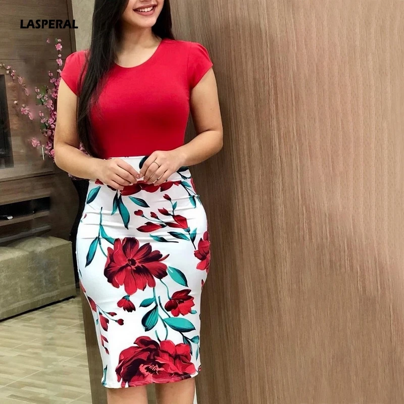 

LASPERAL 2019 Women Formal Stretch Pencil Work Dresses Summer Short Sleeve Bodycon Party Dress Casual Printed Office Midi Dress