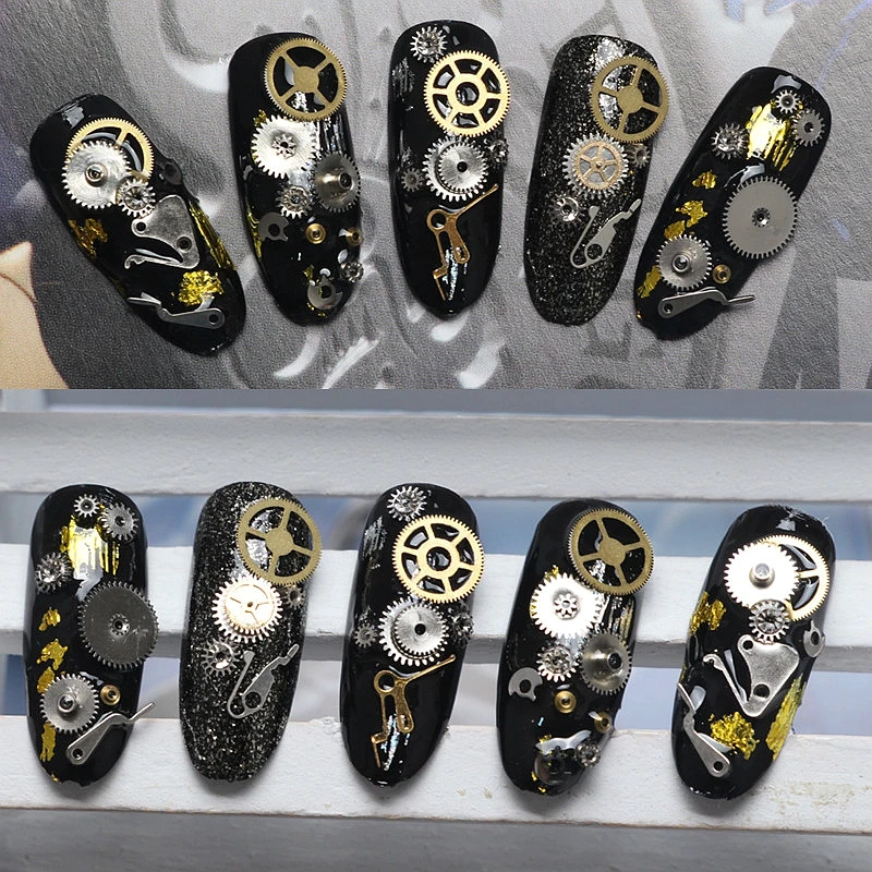 12 Mixed Designs 3D Gold Silver Metal Gear Nail Art Decoration Slice Beauty Gearwheel Foil Decals Nails Accessories