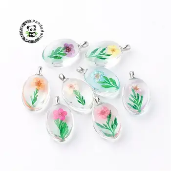 

Oval Glass pendants for necklace Fashion jewelry making, with dried flower inside,Metal,mixed color,31x18x10~11mm, hole:5x2m F60