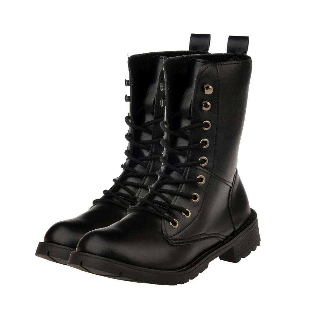 

Women Boots, PU Leather Mid-Calf Booties Motorcycle Lace Up Military Round Toe Shoes (US 5-5.5)