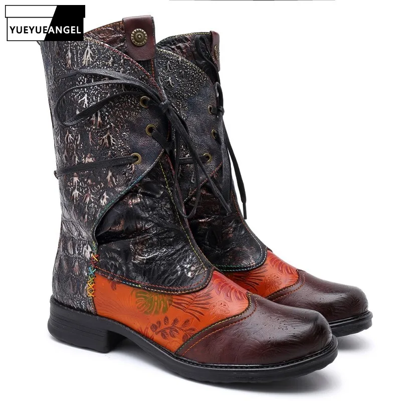 Genuine Leather Mid calf Western Boots Women Retro Casual Lace Up