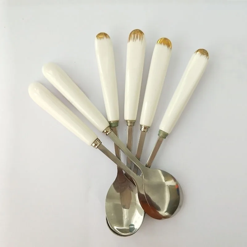 YeFine 6 PCS/Lot Ceramic Handle Stainless Spoon Kitchen Tools Coffee