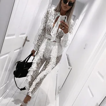 

2019 Women Sexy Lace Up Summer Jumpsuit See Through Skinny Playsuit Hollow Out Club Overalls
